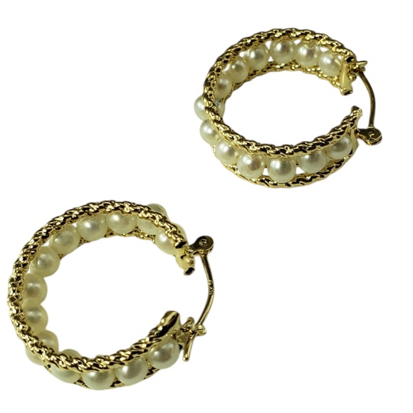 14 Karat Yellow Gold Pearl Hoop Earrings #20632 - Picture 2 of 7